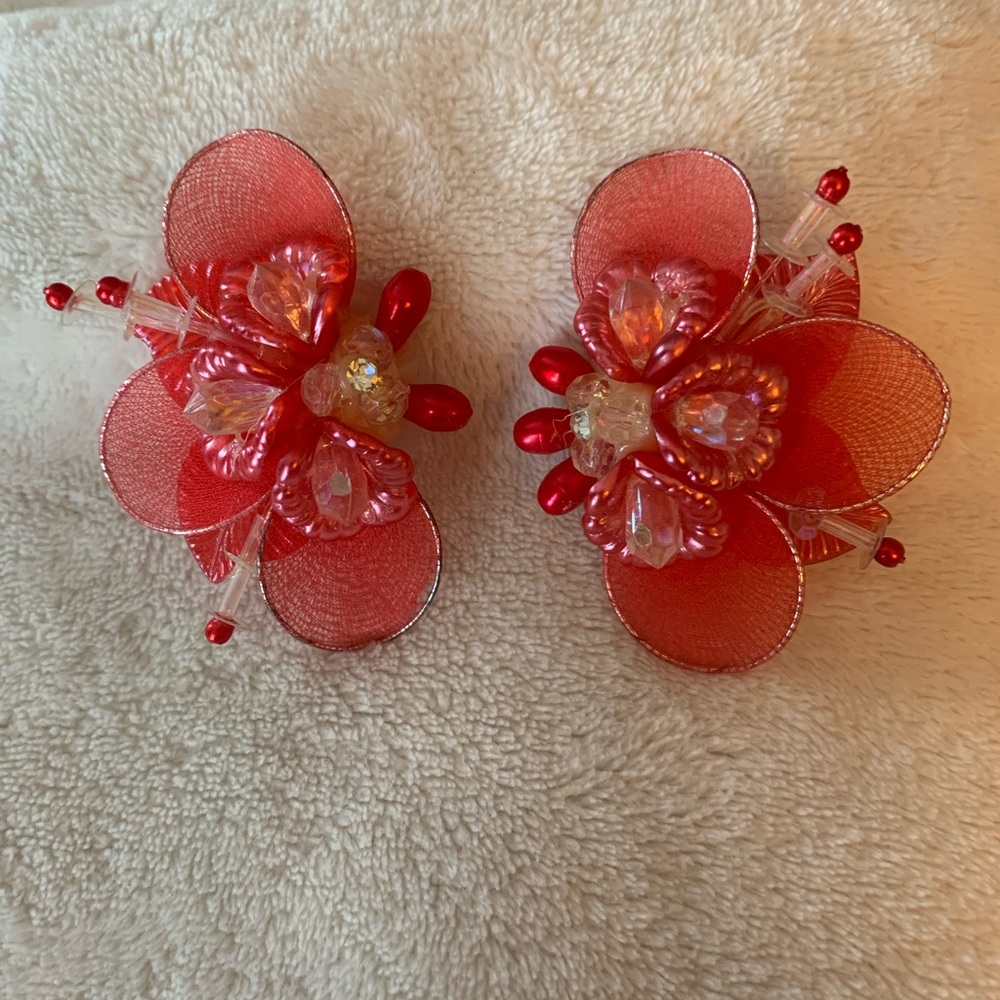 Vintage 80s Earrings Mesh Beads Pierced Red